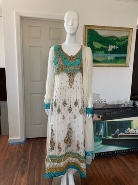 Embellished White and Turquoise Maxi Dress
